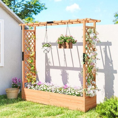 Wooden Planter Box with Trellis, Garden Bed with Hanging Roof