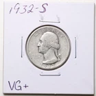 1932-S 25C Washington Silver Quarter Dollar in VG+ Condition #6957