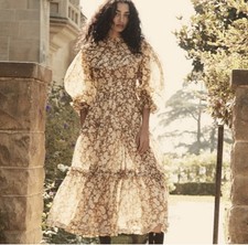 DOEN Ambridge Floral Maxi Dress Brown Ivory Flora S  High Neck Silk Cotton 