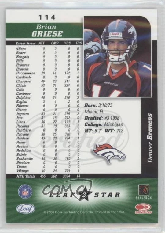 2000 Leaf Certified Brian Griese #114 - Image 2 of 2