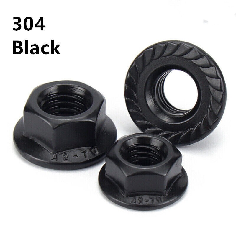 Tuercas de brida hexagonal de acero inoxidable 304 negras tuerca de bloqueo dentada M3 M4 M5 M6 M8 M10