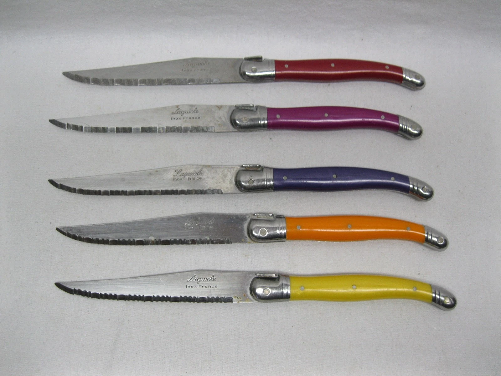 Vtg Knife Set Laguiole Inox France Multi Colored Plastic Handles Serrated Steak