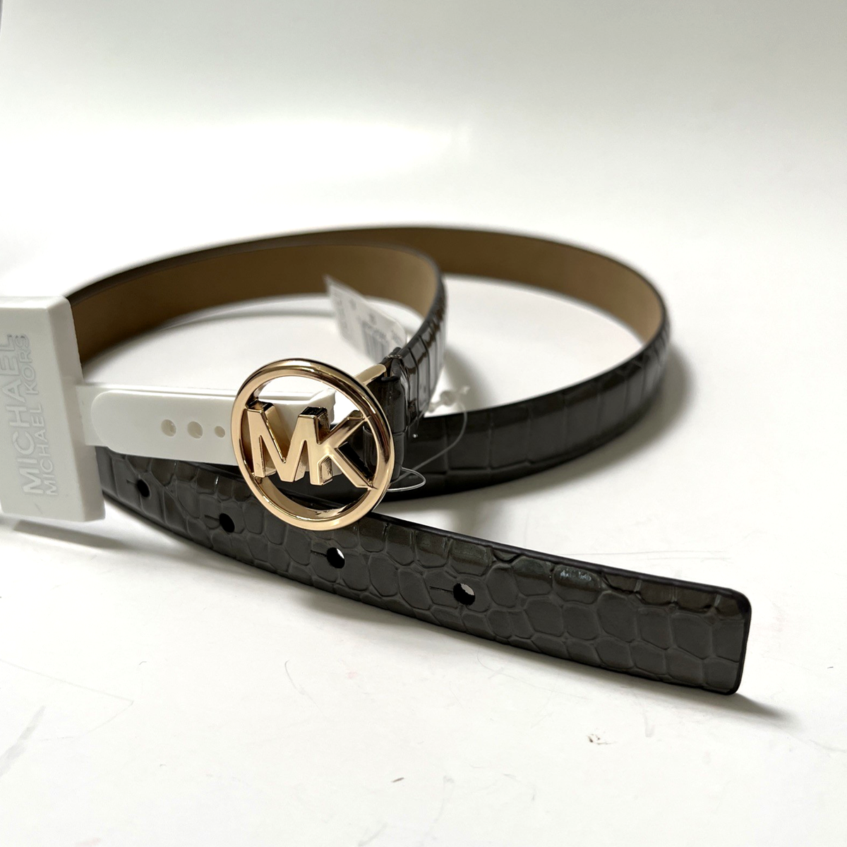 Michael Kors Slim Belt Gray Faux Croc Patent Leather MK Logo  display picture 1