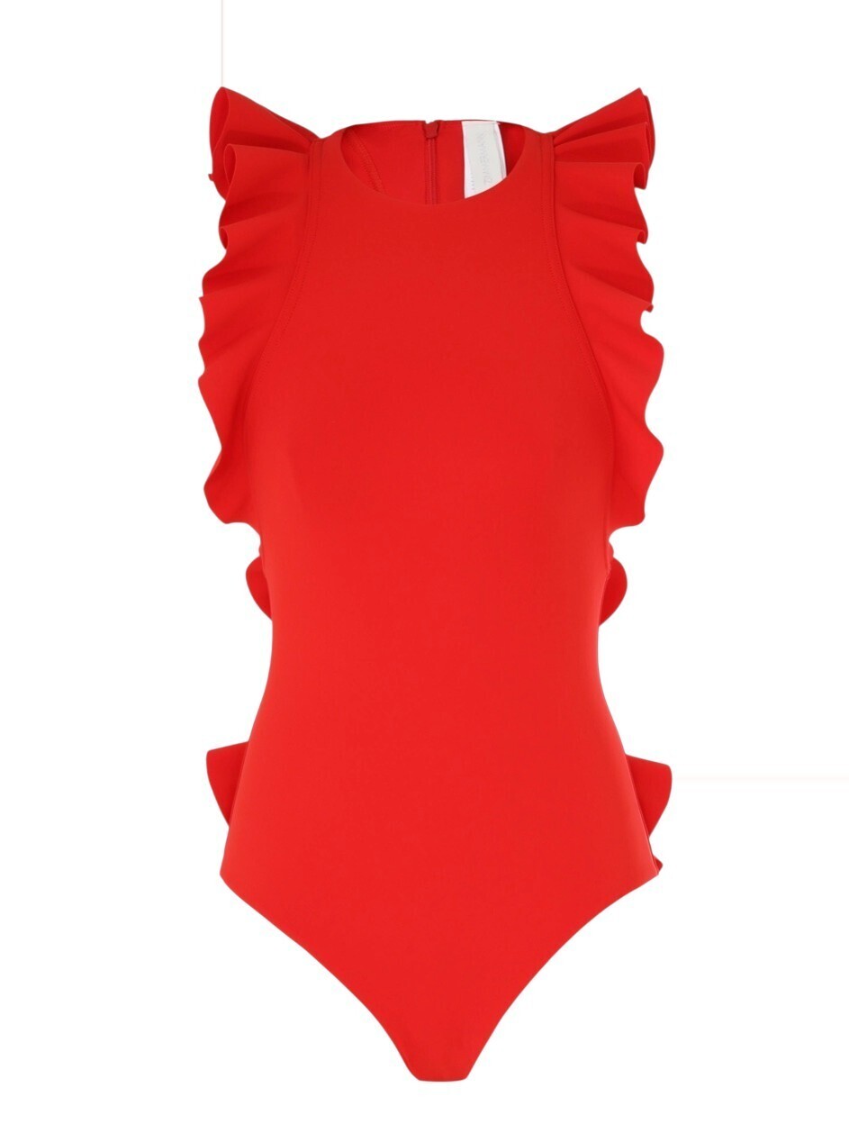 Zimmermann Ottie Racerback Frill One Piece | Red, Ruffles, Zipper Closure
