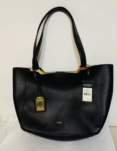 NWT Ralph Lauren Acadia Large Black Leather Tote Bag Purse - Picture 1 of 20