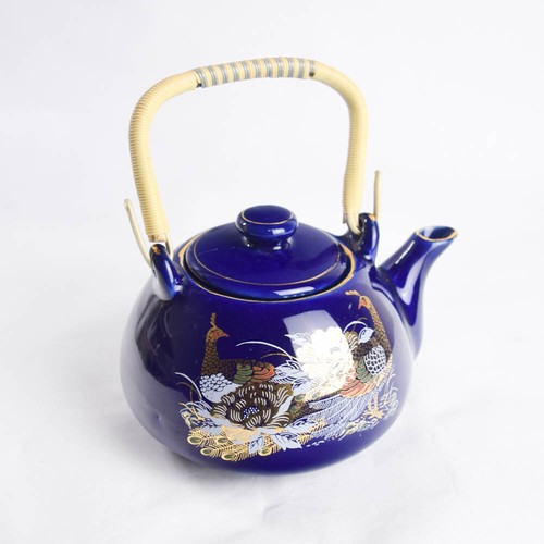 Vtg Cobalt Blue Chinese Asian Teapot for One Gold Pheasant Peacock Peafowl Birds - Picture 9 of 10