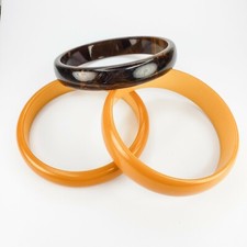 Set of 3 Two Butterscotch Yellow and One Brown Swirled Bakelite Bangle Bracelets