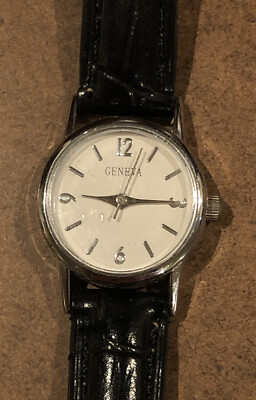 Geneva Womens Quartz Watch - White Face Black Patent Croc Band - NEEDS Battery