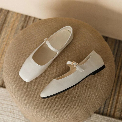 Zapatos de salón para mujer Mary Jane de ballet de tacón plano con correa en el tobillo punta cuadrada - Imagen 4 de 31