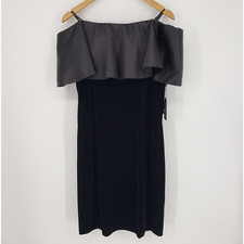 Adrianna Papell Cocktail Dress 14 Velvet Off Shoulder Satin Ruffle Flounce Black