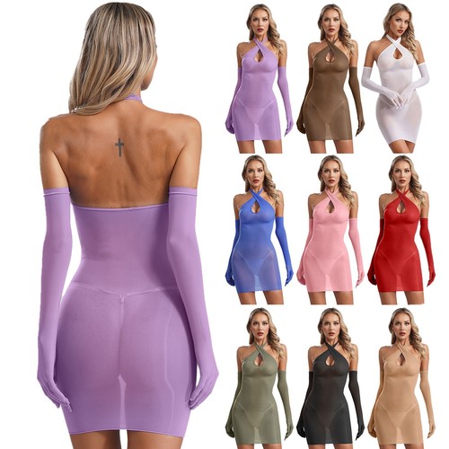 Women's Nightdress Mini Dress With Glove Halter Dresses Glossy Minidress Sweet - 第 1/31 張圖片