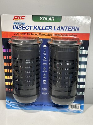 Portable Bug Zapper Insect Killer Solar Lantern LED Flame Effect 2-Pack PIC