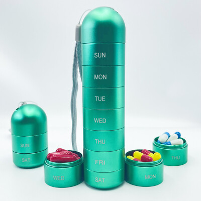 Green Pill Organizer Weekly Metal Case Medicine Storage Travel Pack 7 Dividers