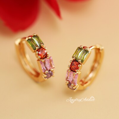 18K GOLD GF Rainbow Crystal Lines Dots Band Women Girls 16mm HOOP EARRINGS Gift