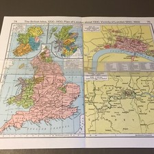 Year 1300 British Isles London and Vicinity 1950's Vintage Map Folded Wall Art