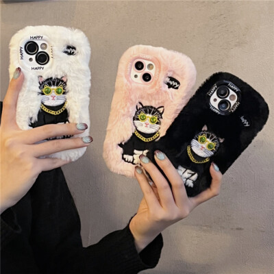 3D Lustige Winter Warm Fell Plüsch Hülle für iPhone 15 Plus 14 Pro Max 11 12 13 Pro