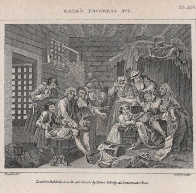 HOGARTH -Rake s Progress No.7 Madhouse Asylum Lunacy Scene 1812 Copper Engraving