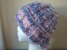 Hand knitted warm and fuzzy beanie/hat, pink/lavender/white/lt.blue