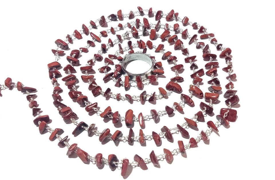 Red Jasper Stone Chip 4-6mm Beads Rosary Beaded Chain Silver Plated 5 Feet - Image 2 of 4