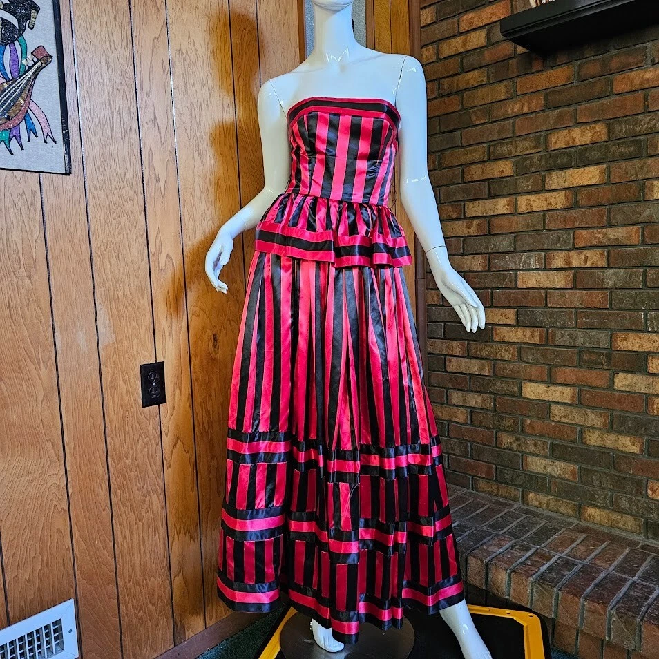 Vtg 80s Victor Costa Red Black Stripes Formal Evening Peplum Dress Ball Gown S - Image 2 of 4