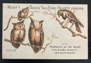 1880s Trade Card Owls Crow Two Fond Hearts Stationery