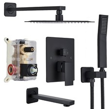 12'' Black Shower Faucet Set Rainfall Shower Head Combo Tub Spout W/Mixer Valve