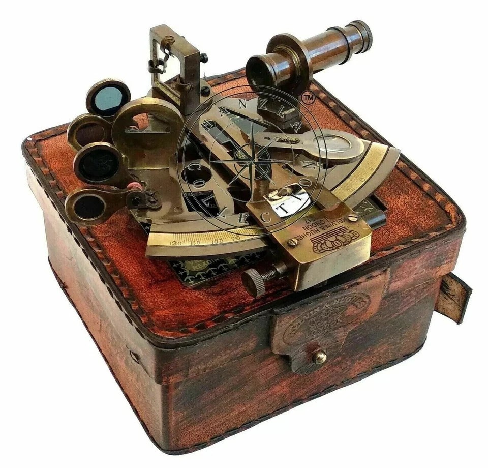 A named-maker (J. Scott) antique brass sextant sold by a specialist Liverpool nautical seller with a wooden box — provenance and seller credibility elevate this above the sea of reproductions.