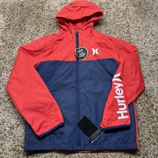 Hurley Boys Windbreaker Jacket Large Red Navy Hooded NWT Mesh Lined