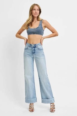 RISEN Ankle Jeans - Tummy Control High Rise Wide Cuffed Light Full