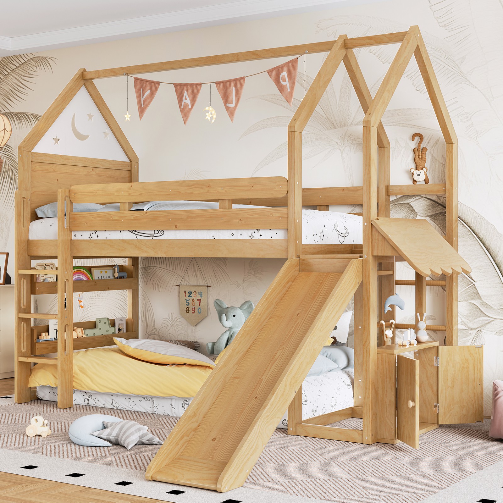 Twin Size Wood Loft Bed with Bookshelf & Slide,House-Shaped 