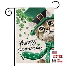 Happy St Patricks Day Garden Flag for Outdoor,Cat with Hat Scarf Shamrock Green