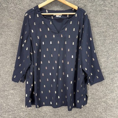 C&E Blouse Women 2X Plus Blue Pineapple Print V-Neck 3/4 Sleeve Pullover Casual