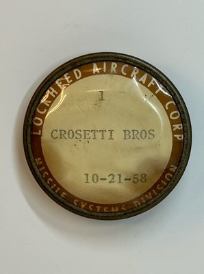 1958 Lockheed Aircraft Corporation Pinback Badge Missile Systems Crosetti Bros.