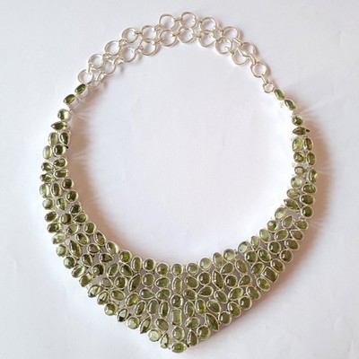 Natural Peridot Cabochon Statement Necklace 925 Sterling Silver Big Jewelry.