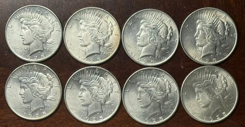 Lot of #8 1925-p Silver Peace Dollars. Winner gets all 8 coins. GEM BU COINS.