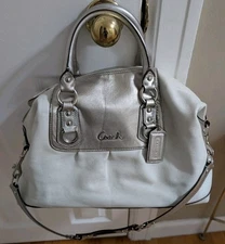 Pristine Coach White Leather With Silver Ashley Satchel Tote Handbag 