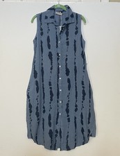 Linen Luv Dress Women Size S Blue Navy Abstract Print 100% Linen Pocket Button