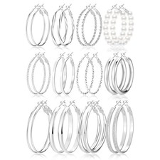 Gold Hoop Earrings Set for Women, 12 Pairs Hypoallergenic Silver-12pairs