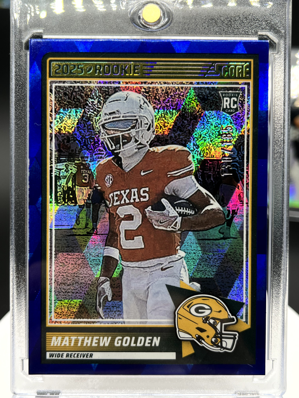 Matthew Golden 2025 Panini Score #56 Rookie Blue Cubic #/185 Packers RC