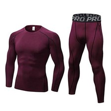 Mens Workout Compression Set Pants and Long Sleeve Shirts Medium Wine Red