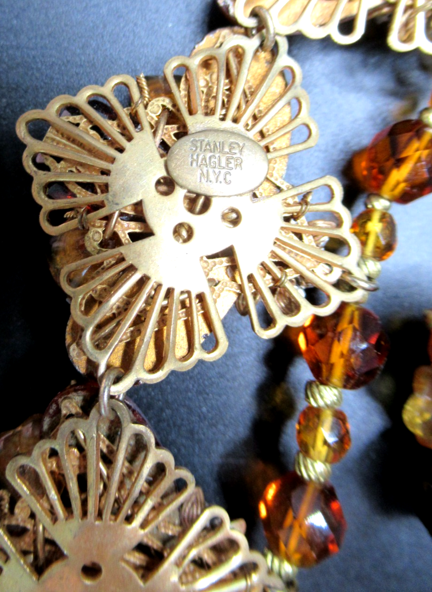 STANLEY HAGLER Swarm of Bees Cognac Rhinestone Necklace Bracelet