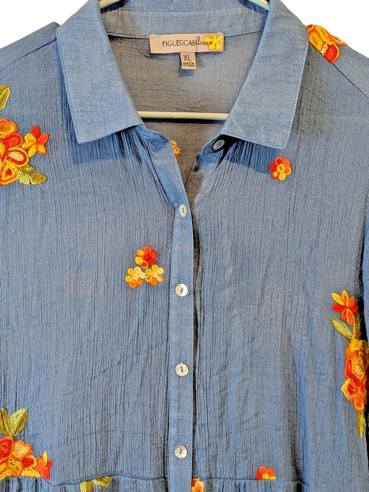 Blusa Boho Campesina Figueroa & Flower Mujer XL Azul Bordado Botón Top Foto 2 de 4