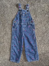 Osh Kosh Bgosh Girls Jean Overalls Pink Embroidered Hearts Size 24 Month EUC