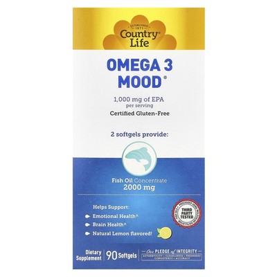 Country Life Omega 3 Mood Natural Lemon Flavored 90 Softgels Gluten-Free, GMP