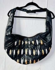 VTG 80'S BLACK LEATHER GOLD SILVER METALLIC PATCHWORK POUCH BAG HOBO PURSE