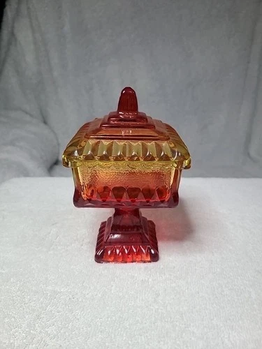 Vintage Jeanette Wedding Box  Amberina Red Yellow Square Pedestal Candy Dish 6".