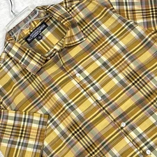 VTG J Peterman Company Shirt Men L Indian Ikat Madras Yellow Plaid Loop Collar