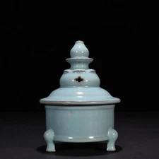 5.9" old song dynasty Porcelain ru kiln Blue glaze Three foot Incense Burner