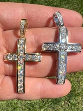 Real 925 Silver Gold Iced Channel Set Mens Hip Hop Tennis Cross Pendant Necklace