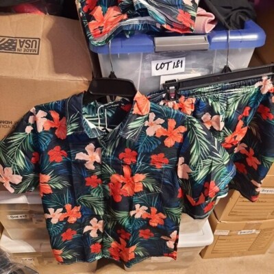 NEW ! Nosirhoc Hawaiian Shirt For Men Summer Button Down Green & Floral Set Sz S
